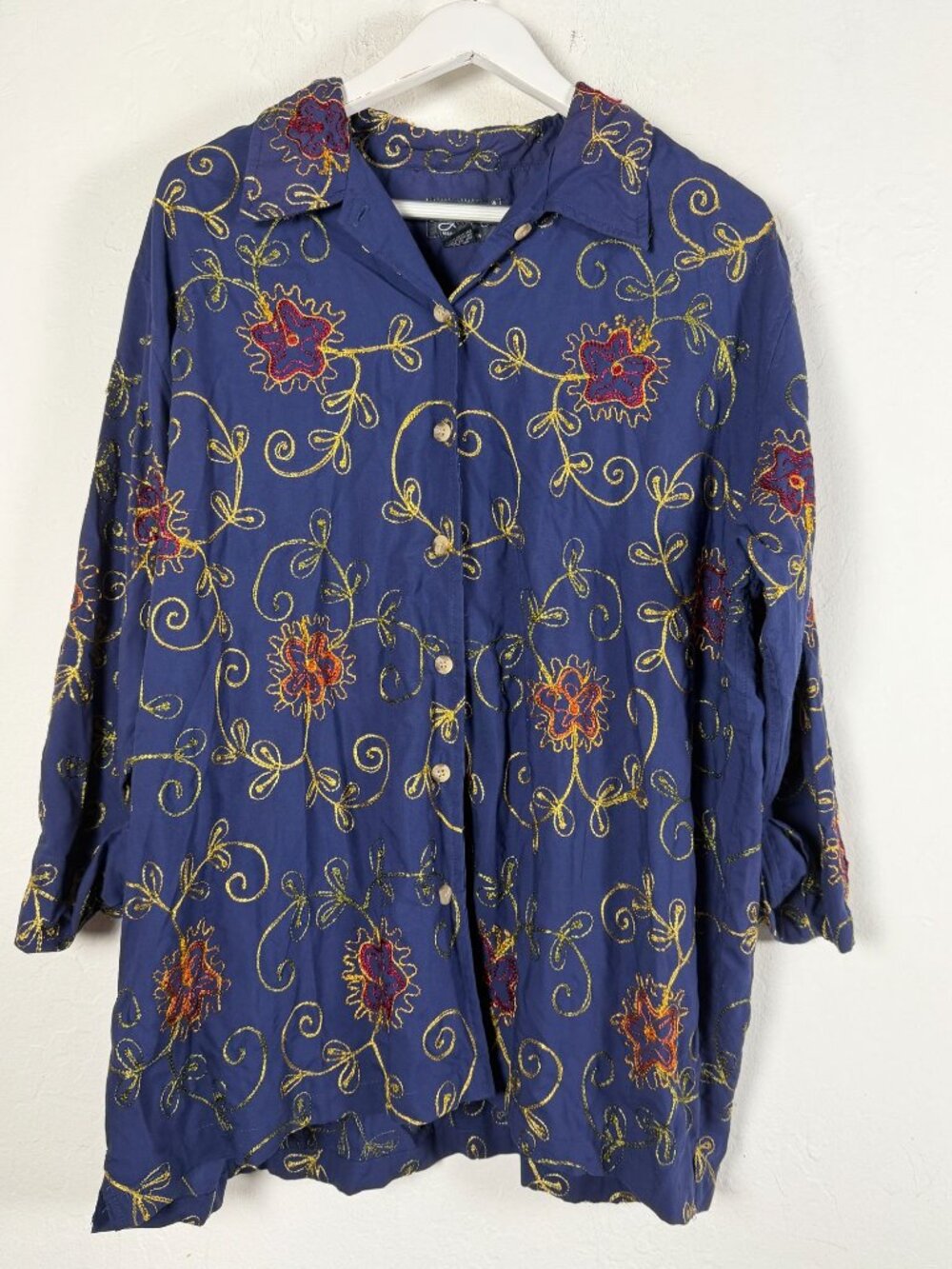 ANGELIQUE Womens 2X Blue Embroidered Blouse Gold Metallic Floral Button Front